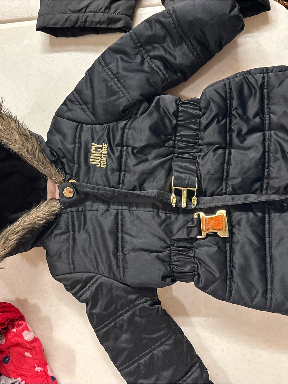Juicy Couture Black Puffer Coat with Faux Fur Hood and Gold Accents